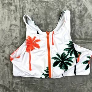Blooming Jelly Palm Tree Print High Neck Zip Front Bikini Top Women's Size L